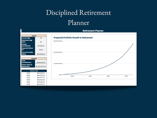 Retirement planner with projected portfolio growth on a dark blue background