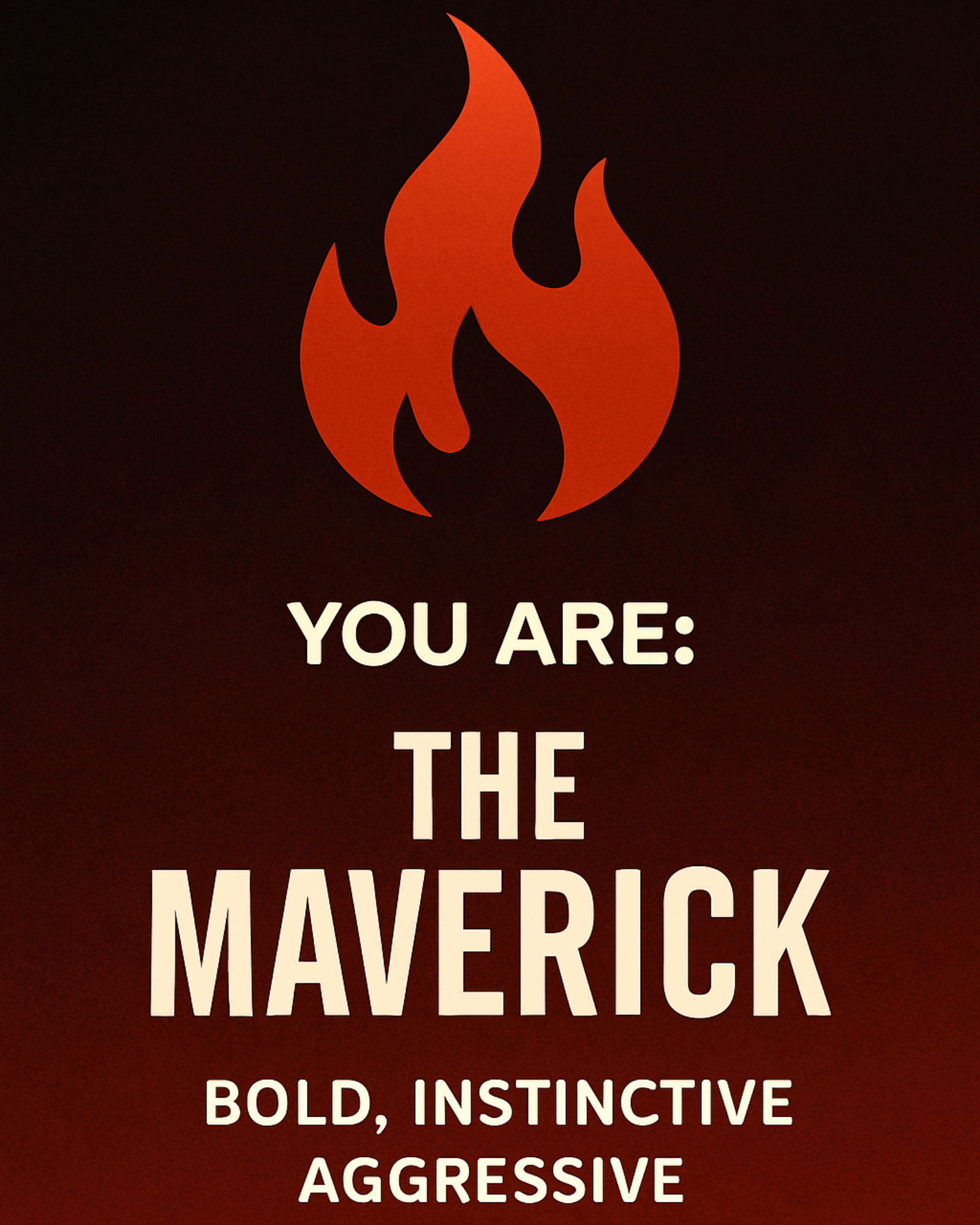 Red flame icon on a dark background with text describing 'The Maverick' personality type.