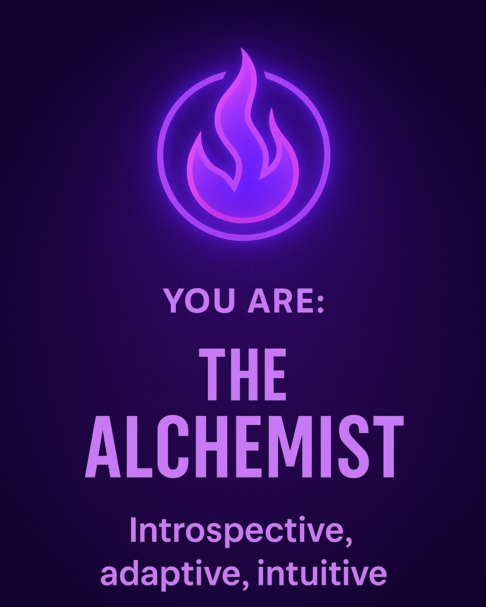 Purple logo with flame design and text on a dark purple background the alchemist. Introspective, adaptive, intuitive