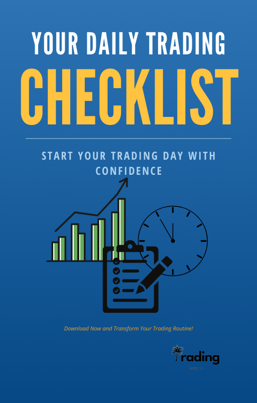 Promotional image for a trading checklist titled 'YOUR DAILY TRADING CHESTLIST' with an illustration of a graph, a clock, and a computer monitor, indicating the theme of trading and time management.
