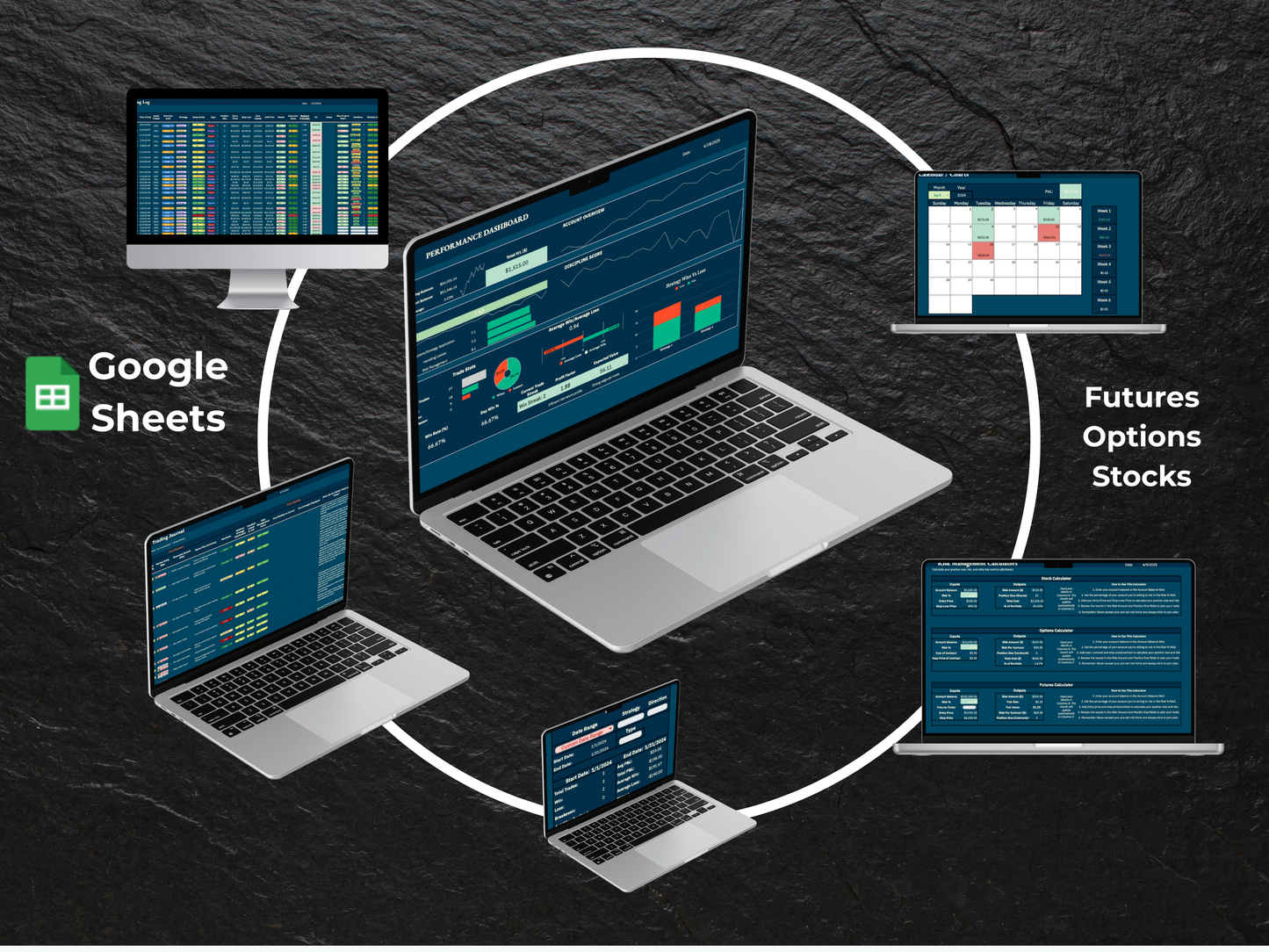 Disciplined Trader Toolkit displayed on multiple devices showing Google Sheets dashboard, trade log, calendar, and daily journal for futures, options, and stocks.