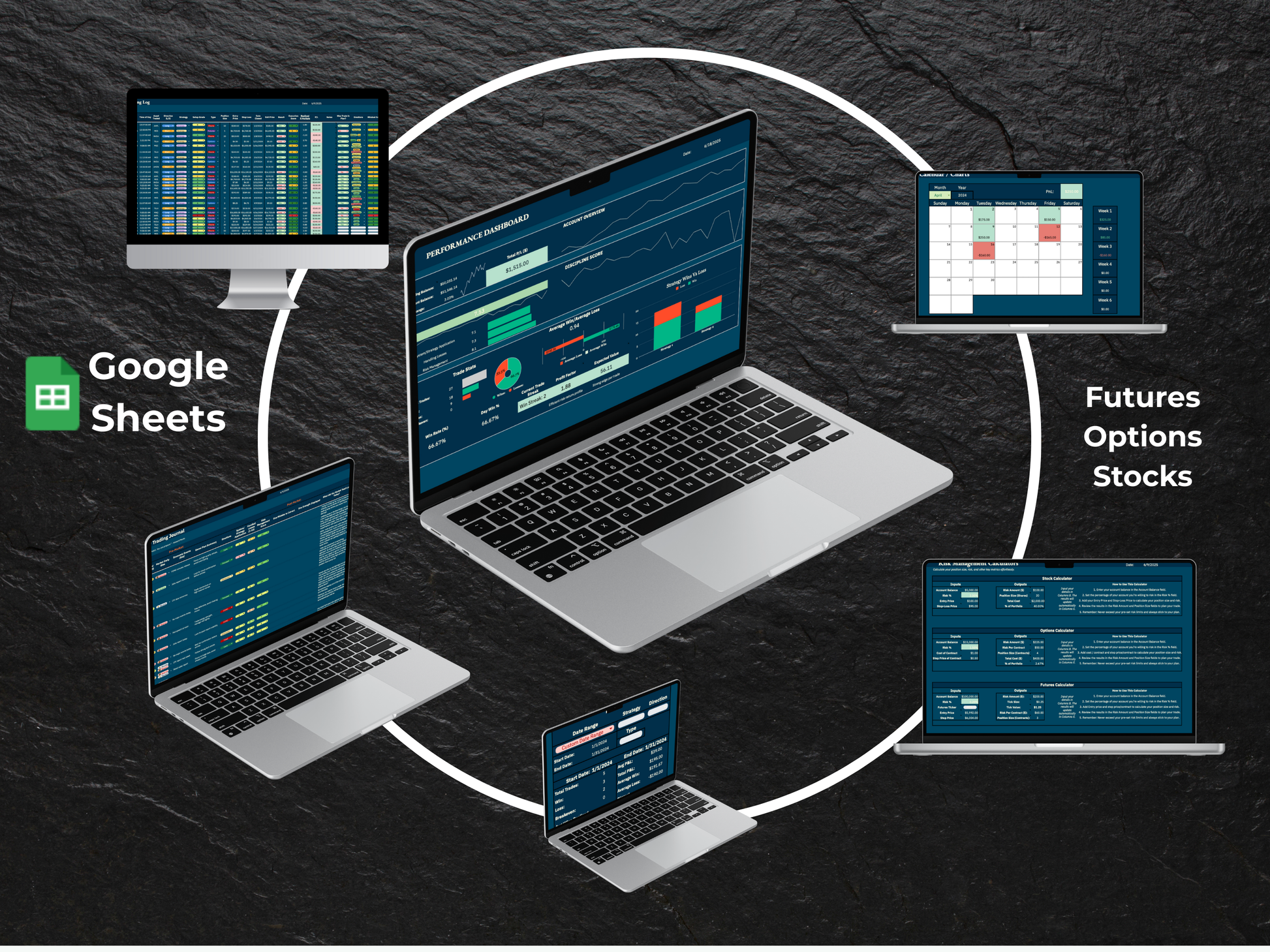Disciplined Trader Toolkit displayed on multiple devices showing Google Sheets dashboard, trade log, calendar, and daily journal for futures, options, and stocks.