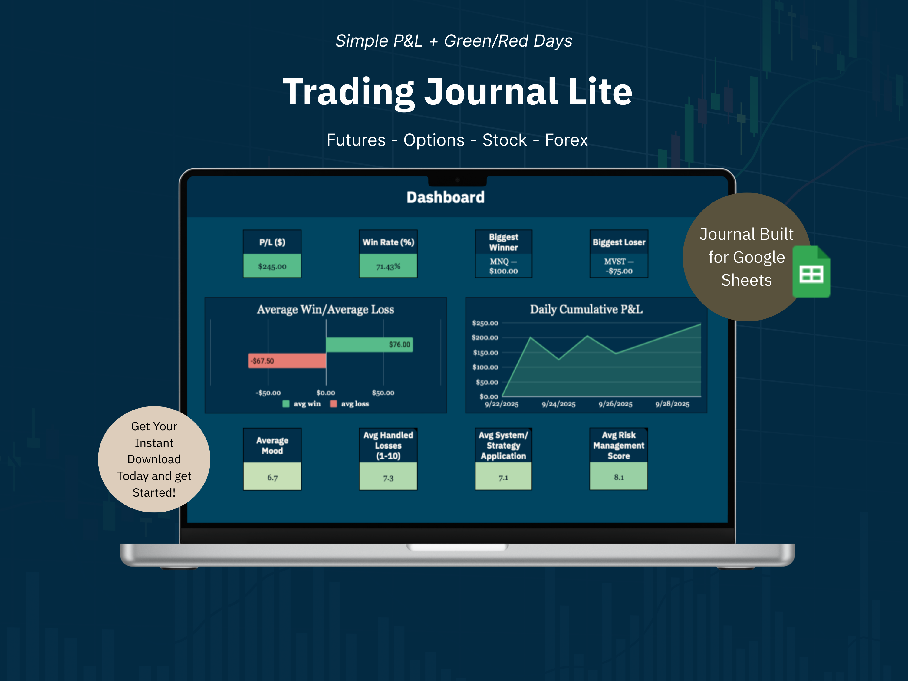 Trading Journal Lite dashboard on a laptop screen with a dark blue background